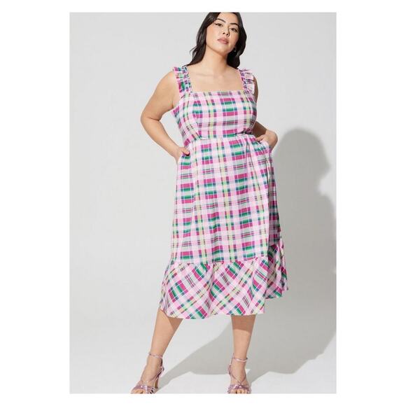 Torrid Pink&Green Plaid Poplin Tiered Ruffle Strap Midi Dress Sz.4 NWT - Picture 1 of 16